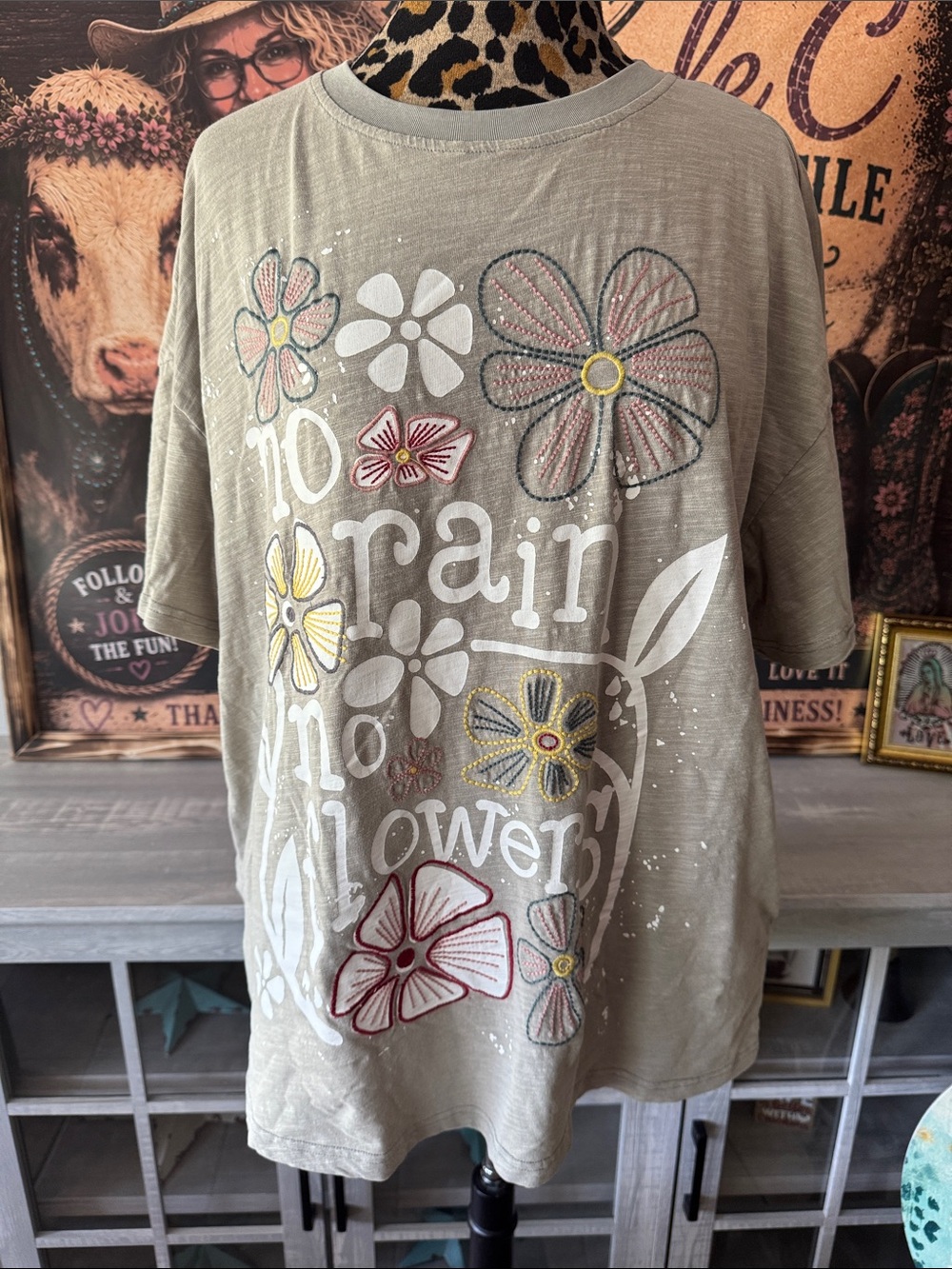 Blue Velvet -No Rain No Flowers Floral Graphic Tee with Embroidered Flowers